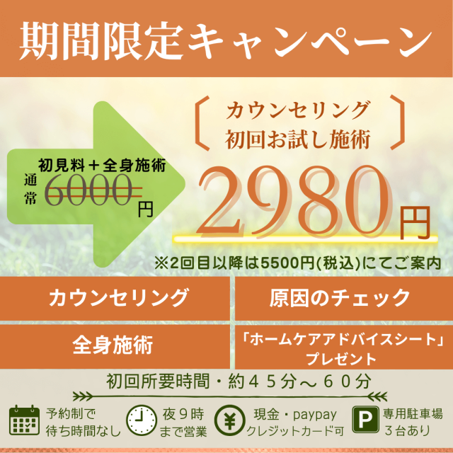温浴プラス整体まりの手:カウンセリングと検査、施術で期間限定・初回の方、税込み2000円,2回目以降波税込5500円