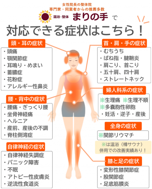 大和郡山市の温浴+整体まりの手で対応できる症状一覧
